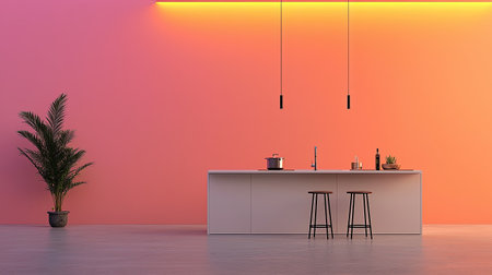 Chic urban home with minimalist design, modern kitchen, and luxurious living spaces in the city center, captured in a dynamic horizon tilt shot in vivid pastel tones and bright backlighting, Emphasize sleekness and stylish fort.の素材