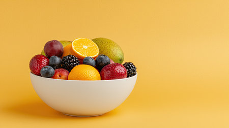 Organic fruits in white bowl against bold background, celebrating harvest, Prismatic flat lay in goldenrod, dramatic lighting and split view.の素材