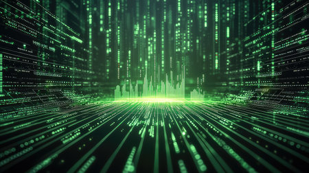 Create a vibrant, upside-down graph showcasing Dow Jones, SP , and NASDAQ indices with luminous green hues, Infuse it with a bright morning radiance for a visually striking and energizing piece.の素材