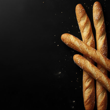 Sophisticated breadsticks positioned in the bottom right corner on a black background, in a refined food photography style, with stylish lighting, minimal clutter, high resolutionの素材