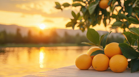 Fresh, ripe fruits on white, sunset orange hues, golden hour reflections.の素材