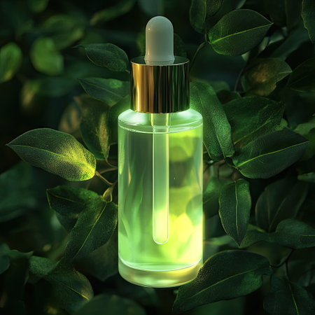 The serum bottle's composition and color scheme create a peaceful and relaxing atmosphere. The green leaves in the background add depth and interest, while the soft glow emanating from the bottle adds warmth and comfort. Whether you use it as a beauty product or a decorative item, this serum bottle is sure to become your new favorite thing.の素材