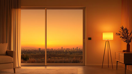 Create a vivid scene featuring a sleek, minimalistic urban home with radiant peaceful tones and bronze hues, bathed in vivid pure brightness, Explore forced perspective to enhance the modern and chic living space in the heart of the city.の素材