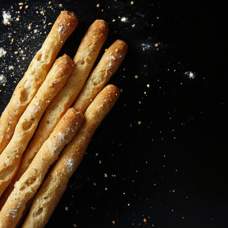 Sophisticated breadsticks positioned in the bottom right corner on a black background, in a refined food photography style, with stylish lighting, minimal clutter, high resolutionの素材