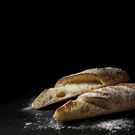 Sophisticated bread positioned in the bottom right corner on a black background, in a refined food photography style, with artistic lighting, minimal clutter, high resolutionの素材