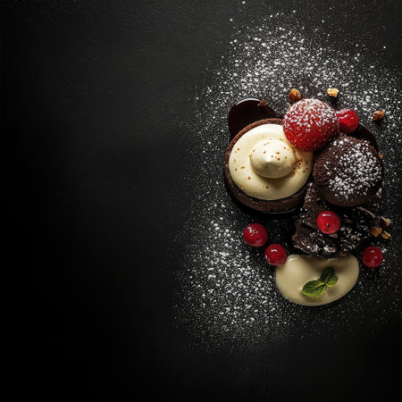 Sophisticated dessert positioned in the bottom right corner on a black background, in a refined food photography style, with focused lighting, minimal clutter, high resolutionの素材