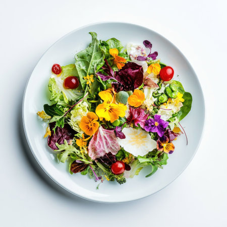 Sophisticated salad positioned in the top left corner on a white background, in a refined food photography style, with stylish lighting, minimal clutter, high resolutionの素材