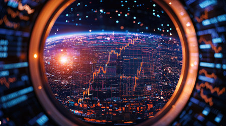 Create a vibrant chart art piece showcasing the Dow Jones, SP , and NASDAQ indices evolution in radiant sunny tones and ivory hues, Illuminate the scene with vivid sparkling light through a fish-eye lens for a mesmerizing financial journey.の素材