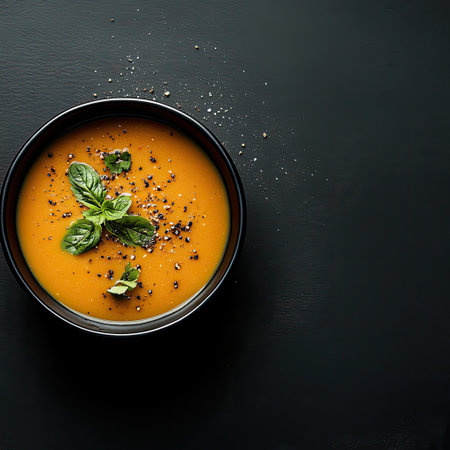 Sophisticated soup positioned in the bottom right corner on a black background, in a refined food photography style, with sophisticated lighting, minimal clutter, high resolutionの素材