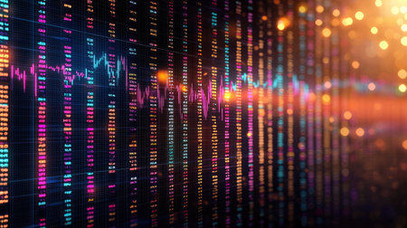 Capture the essence of the financial market through a distant medium shot of vibrant indices under radiant dappled light, in a polished and inspirational style.の素材