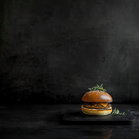Sophisticated burger positioned in the bottom right corner on a black background, in a refined food photography style, with elegant lighting, minimal clutter, high resolutionの素材