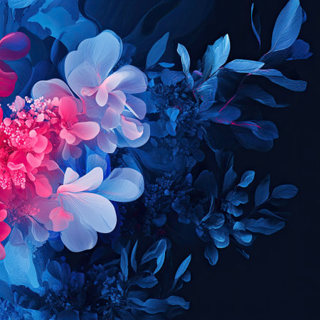 Lush abstract style on dark blue background with high contrast and soft lighting.の素材