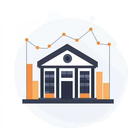 Bank building icon with shadows over currency graph, minimal lookの素材