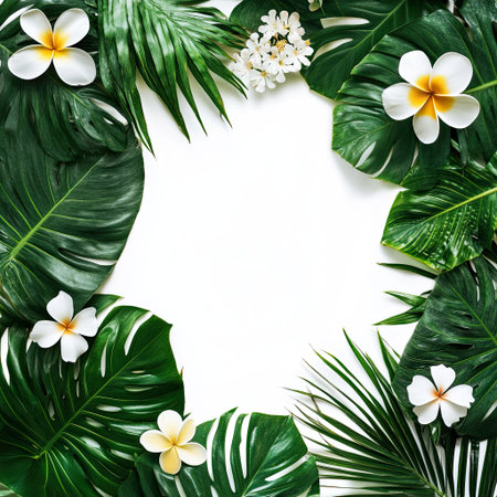Bright tropical leaves and flowers framing empty center for copy spaceの素材