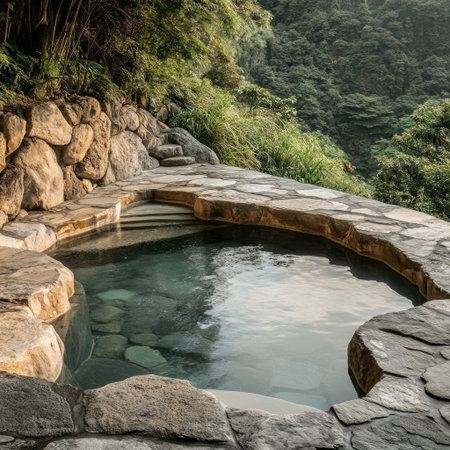 Clean and empty hot spring pool surrounded by natural stoneの素材