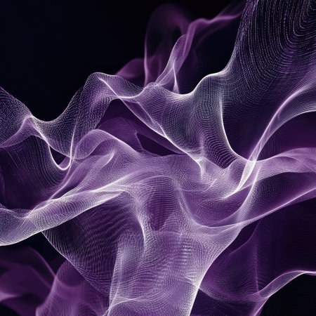 Abstract mesh of lines forming a dynamic flow in purple huesの素材