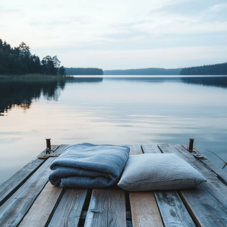 Calm lakeside dock with folded blanket and pillowの素材