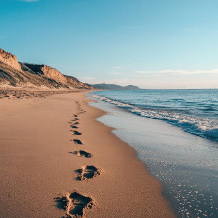 Calm beach with footprints leading into the distanceの素材