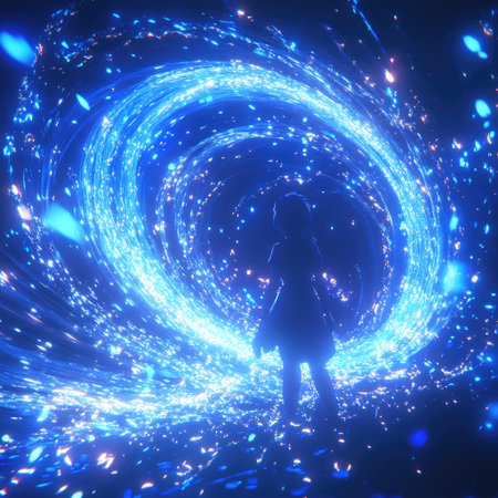 Cinematic lens flare with deep blue light streaks and radial glowの素材