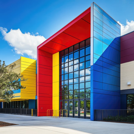 Bold use of primary colors in architectural elements of contemporary school buildingの素材