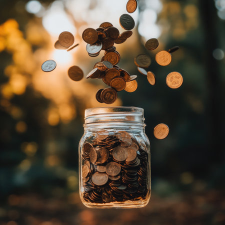 Coins falling into a jar from above, motion blur concept of savingの素材