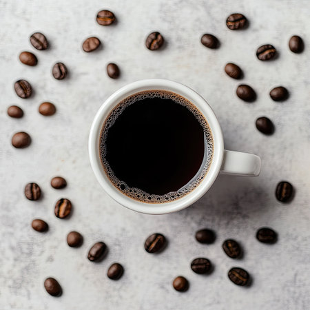 Minimalist flat lay of black coffee in white mug with coffee beans aroundの素材