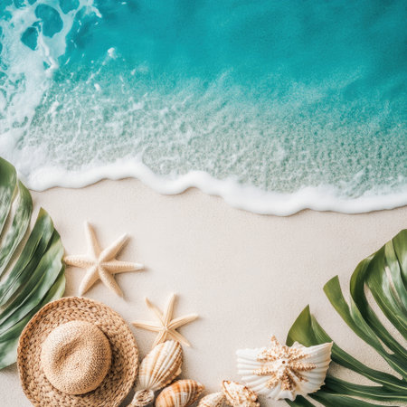 Clean layout of beach scene with natural summer props and clear spaceの素材