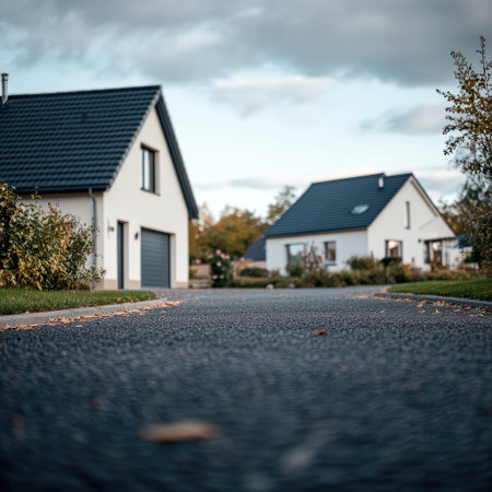 Close-up of a semi-detached home in a quiet European neighborhood with paved drivewayの素材