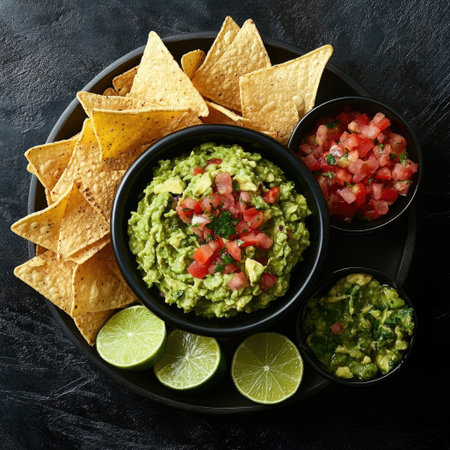 Bowl of guacamole surrounded by nachos, salsa, and lime on dark backgroundの素材
