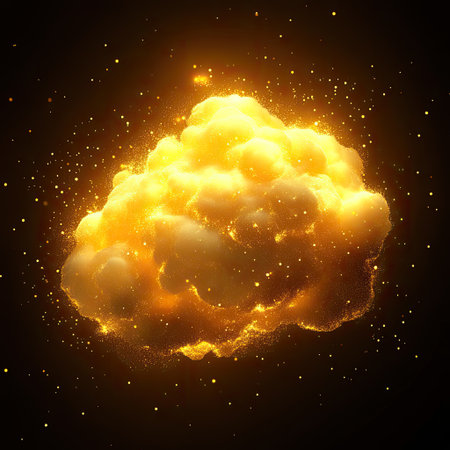 Glowing particle dust cloud in golden yellow, floating in airの素材