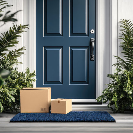 Contactless door delivery concept with boxes and door matの素材