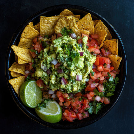 Bowl of guacamole surrounded by nachos, salsa, and lime on dark backgroundの素材