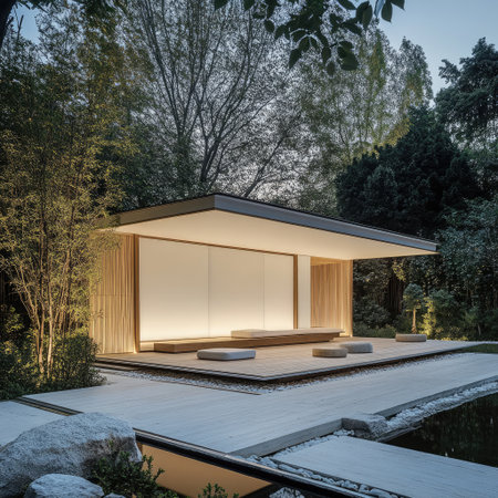 Clean lines of minimalist pavilion in a zen garden with natural wood and white wallsの素材