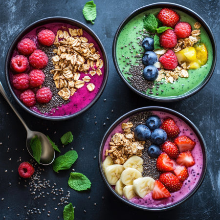 Flat lay of colorful smoothie bowls topped with berries, chia, and granolaの素材