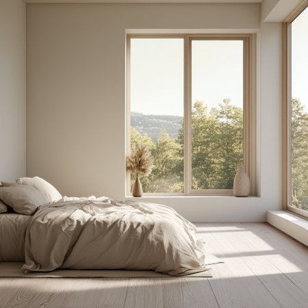 Minimalistic bedroom interior with light linens and open windowの素材