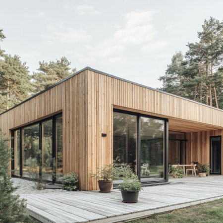 Minimalist Scandinavian-style housing estate with wood siding and natural surroundingsの素材