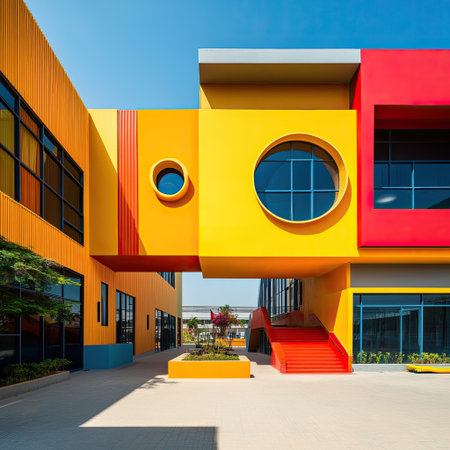Bold use of primary colors in architectural elements of contemporary school buildingの素材