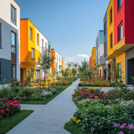 Bright sunny day in a Polish housing development with colorful facades and flower bedsの素材