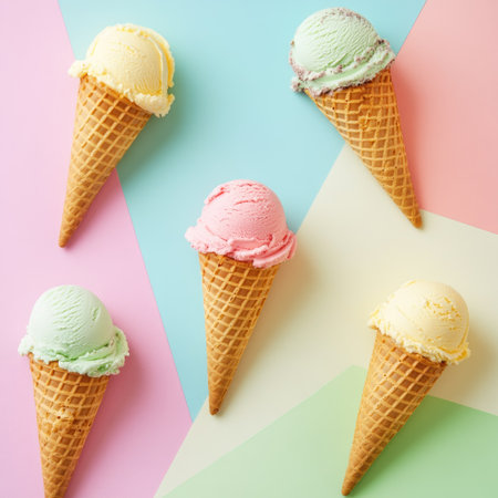 Ice cream cones with different flavors lying flat on pastel color surfaceの素材