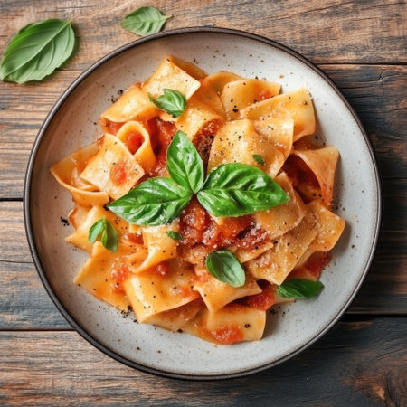 Homemade pasta with tomato sauce and basil in ceramic plate, rustic wood backgroundの素材