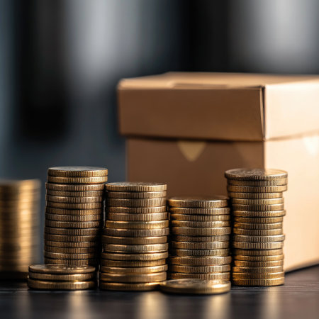 E-commerce growth chart and coins stacked near parcel boxの素材