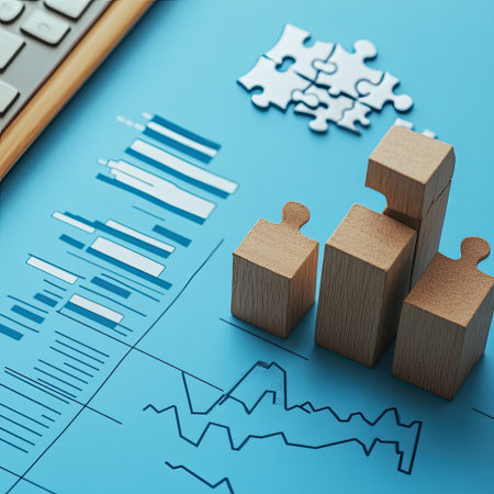 Flat lay of bar chart with puzzle pieces and missing economy blockの素材