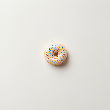 Minimalist photo of single donut with colorful sprinkles on white backgroundの素材