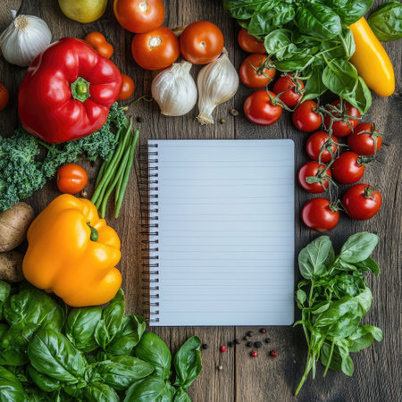Fresh ingredients and a blank recipe notebook, ideal for food bloggersの素材