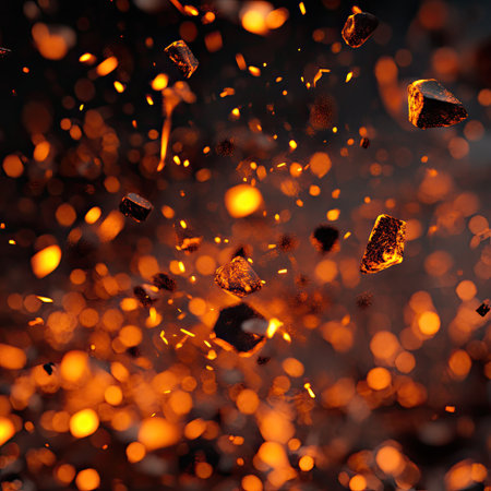Floating glowing embers falling slowly with warm orange tintの素材