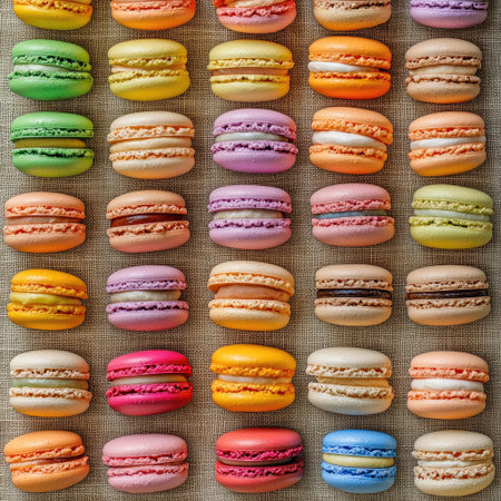 Overhead of colorful macarons in neat rows on textured neutral backgroundの素材