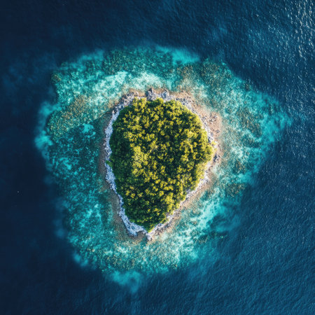 Island surrounded by crystal-clear water captured from drone, copy spaceの素材