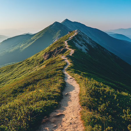 Mountain landscape with clear blue sky and winding hiking trail, top viewの素材
