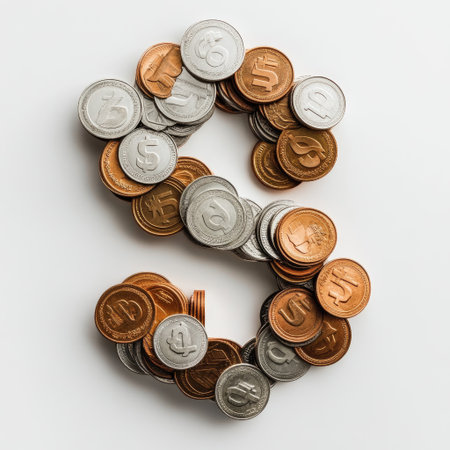 Coins forming dollar sign symbol on white background, copy spaceの素材