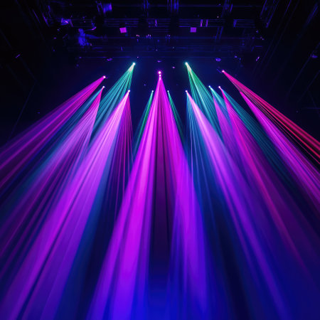Concert venue ceiling with RGB lights emitting soft downward raysの素材